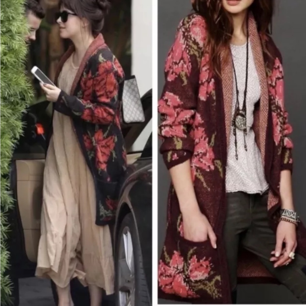 Free People Flower Power Boho Knit Cardigan Sz LARGE Wool Alpaca Blend Red Black - Picture 7 of 15